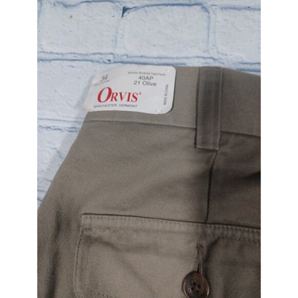 Orvis Pants 34x28 Olive Flat Front Twill‎ Khaki Leather Trim Chino New - Picture 5 of 5